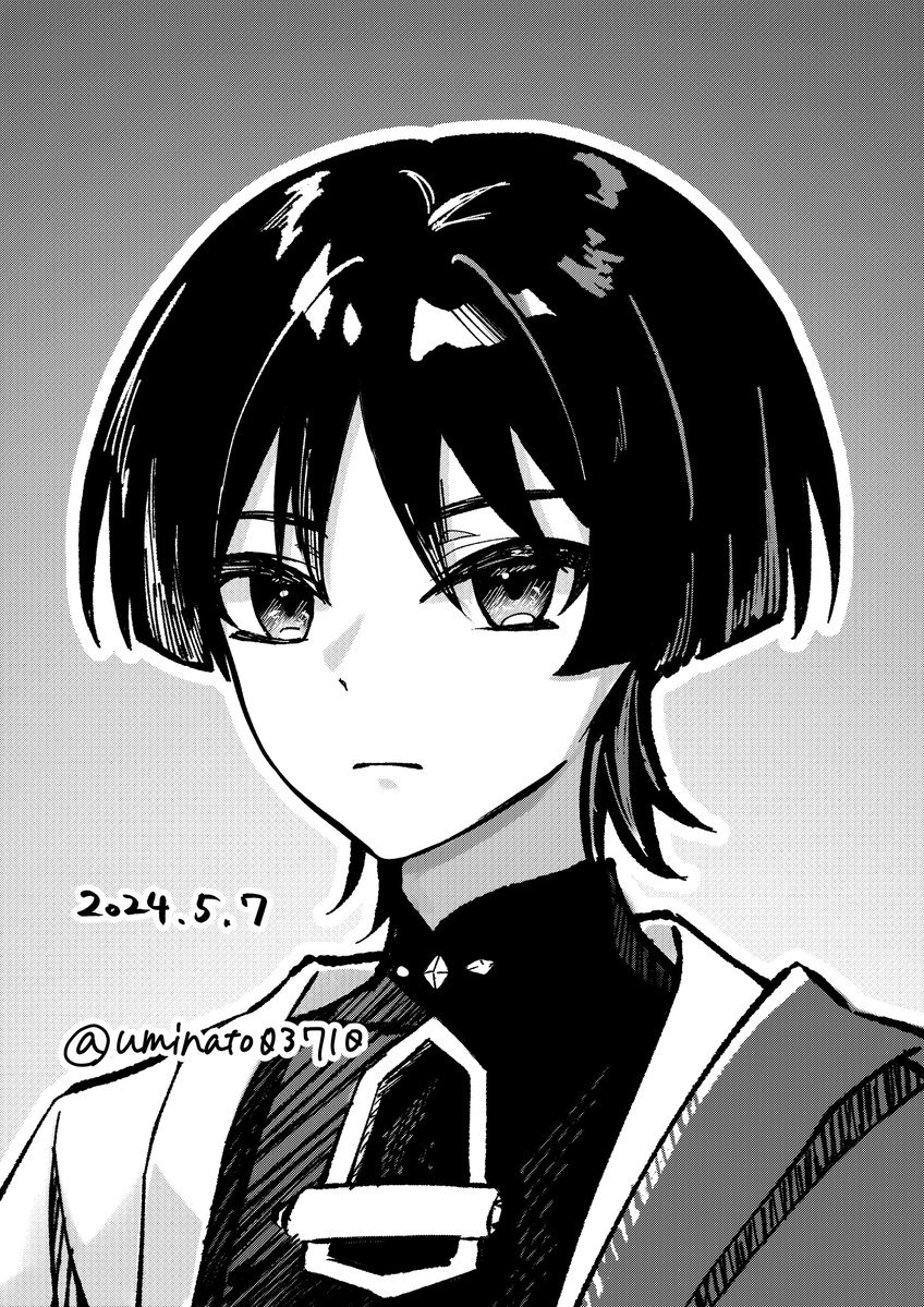 uminato, scaramouche (genshin impact), wanderer (genshin impact), genshin impact, 1boy, blunt ends, bodysuit, cape, closed mouth, dated, expressionless, grey background, greyscale, hatching (texture), japanese clothes, kimono, looking at viewer, male focus, mandarin collar, monochrome, outline, portrait, solo, twitter username, white outline, wispy bangs