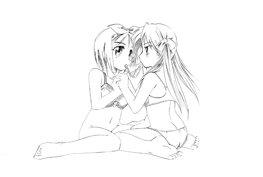 jason (kaiten kussaku kikou), hiiragi kagami, hiiragi tsukasa, lucky star, 00s, 2girls, barefoot, bottomless, bra, dual mouth hold, feet, greyscale, holding hands, incest, lingerie, monochrome, mouth hold, multiple girls, no panties, panties, panties in mouth, siblings, sisters, twincest, twins, underwear, underwear only, yuri