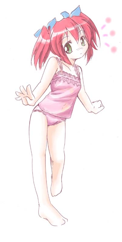 jason (kaiten kussaku kikou), kobayakawa yutaka, lucky star, 00s, 1girl, bad anatomy, bad feet, barefoot, camisole, feet, female focus, full body, lingerie, panties, poorly drawn, solo, standing, underwear, underwear only