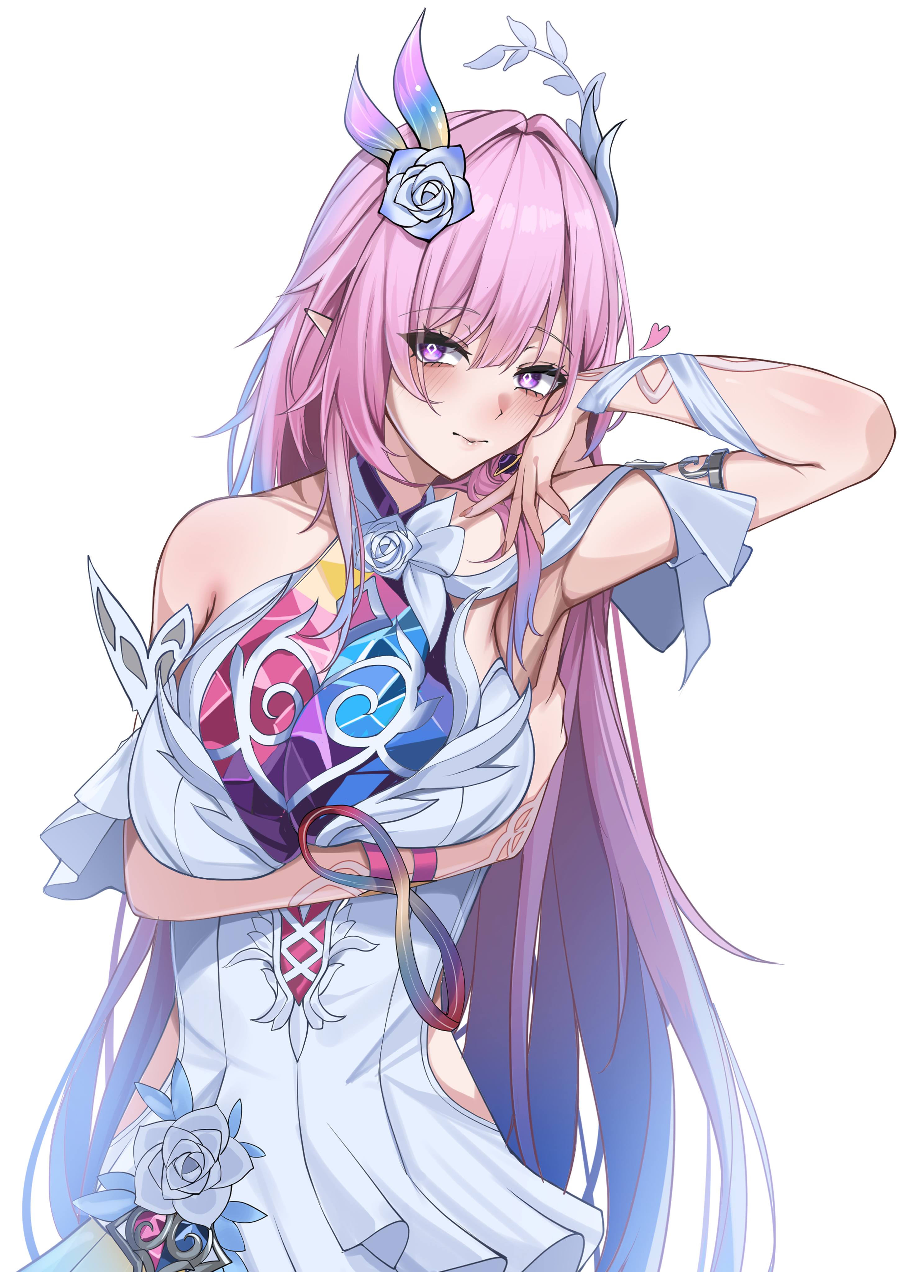 kamishiro noa, cyrene (honkai: star rail), cyrene (ripples of past reverie) (honkai: star rail), honkai: star rail, honkai (series), absurdres, commentary request, highres, partial commentary, 1girl, arm under breasts, arm up, bare shoulders, blue hair, blush, breasts, closed mouth, diamond-shaped pupils, diamond (shape), flower, gradient hair, hair flower, hair ornament, heart, large breasts, long hair, looking at viewer, multicolored hair, pink hair, pointy ears, purple eyes, purple flower, purple rose, rose, sidelocks, simple background, solo, symbol-shaped pupils, upper body, white background