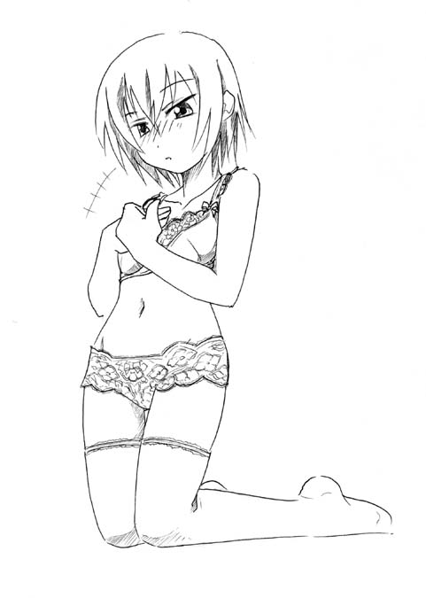 jason (kaiten kussaku kikou), iwasaki minami, lucky star, 00s, 1girl, blush, bra, female focus, flat chest, greyscale, kneeling, lingerie, monochrome, panties, solo, thighhighs, underwear, underwear only