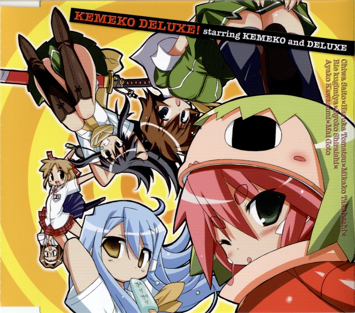 hayakawa misaki, kemeko, kemeko (kemeko deluxe), kobayashi tamako, kurosaki ryoko, makihara izumi, mm, mm (kemeko deluxe), kemeko deluxe, scan, 00s, 6+girls, album cover, arm up, blue hair, blush, brown eyes, cover, from behind, helmet, long hair, looking at viewer, looking back, multiple girls, short sleeves, simple background, smiley face, very long hair, yellow background