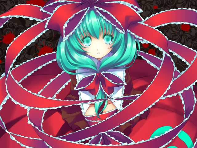ayase hazuki, kagiyama hina, touhou, 1girl, aqua eyes, aqua hair, blood, bound, bound wrists, bow, female focus, frills, from above, front ponytail, hair bow, hair ribbon, long hair, looking at viewer, looking up, ribbon, sad, solo