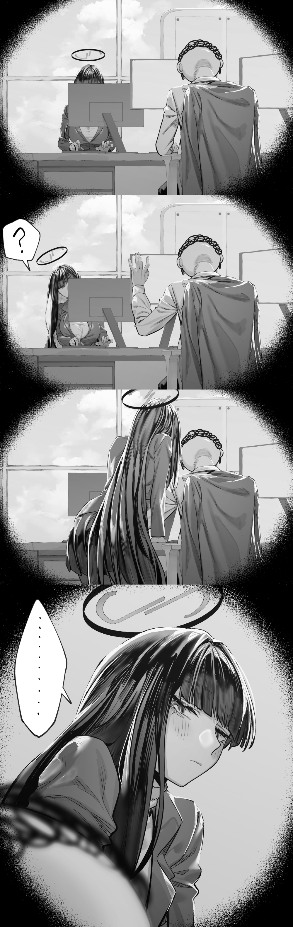 hxd, doodle sensei (blue archive), rio (blue archive), sensei (blue archive), blue archive, absurdres, commentary, highres, revision, …, 1boy, 1girl, ?, closed mouth, greyscale, halo, long hair, looking at another, monitor, monochrome, sitting, spoken ellipsis, spoken question mark, very long hair
