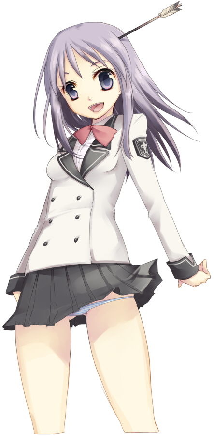 toriumi itachi, itoi kaede, tsuchimiya kagura, ga-rei, ga-rei zero, noberuge, long image, tall image, 00s, 1girl, arrow (projectile), bow, female focus, lowleg, lowleg panties, panties, purple eyes, purple hair, school uniform, simple background, skindentation, skirt, solo, striped clothes, striped panties, underwear
