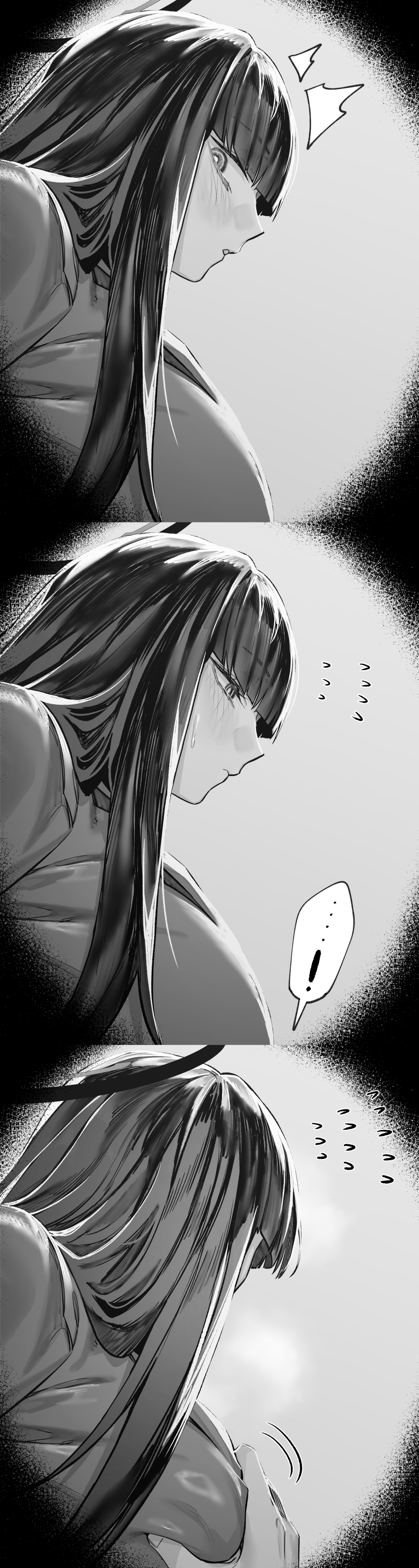 hxd, rio (blue archive), blue archive, absurdres, commentary, highres, revision, 1girl, ^^^, blush, grabbing another's breast, greyscale, groping, halo, looking at viewer, monochrome, solo focus
