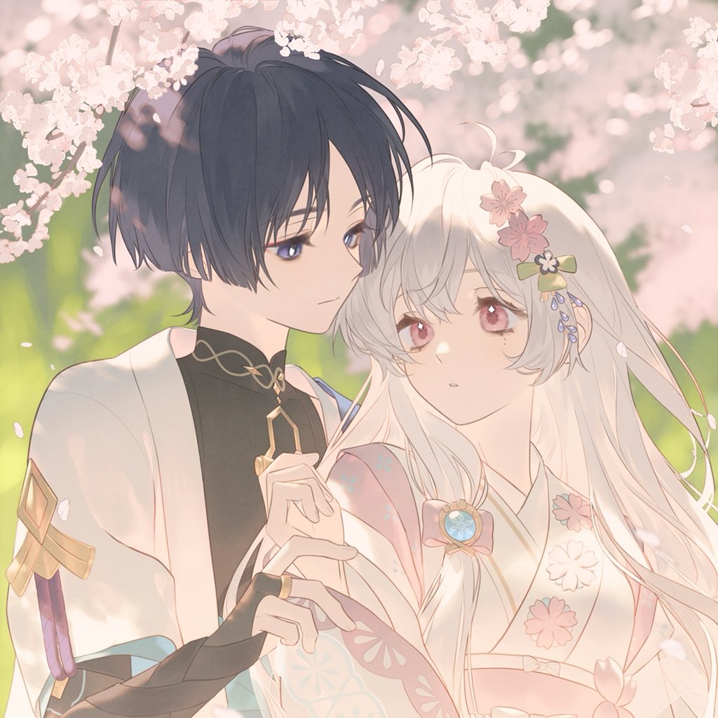 scaramouche (genshin impact), wanderer (genshin impact), genshin impact, original, artist request, commission, second-party source, 1boy, 1girl, armor, black bodysuit, black bridal gauntlets, black hair, blue gemstone, blue kimono, blue sleeves, blunt ends, bodysuit, bow, bridal gauntlets, bright pupils, choppy bangs, closed mouth, clothing cutout, commissioner insert, couple, covered collarbone, cryo symbol (genshin impact), eyelashes, eyeliner, eyeshadow, fingernails, floral print, floral print kimono, flower, gem, gold, gold ring, hair between eyes, hair bow, hair flower, hair ornament, half-closed eyes, hayami momo (hayamimomo), hetero, japanese armor, japanese clothes, juban, kimono, kote, kurokote, lace-trimmed sleeves, lace trim, layered sleeves, long hair, looking at another, makeup, mandarin collar, middle ring, mole, mole under eye, obi, oc x canon, open clothes, open kimono, parted bangs, pink bow, pink eyes, pink flower, pink sleeves, print kimono, purple eyes, purple rope, red eyeliner, red eyeshadow, rope, sash, short sleeves, shoulder cutout, shoulder peek, sidelocks, tareme, vision (genshin impact), white hair, white kimono, white pupils, white sleeves