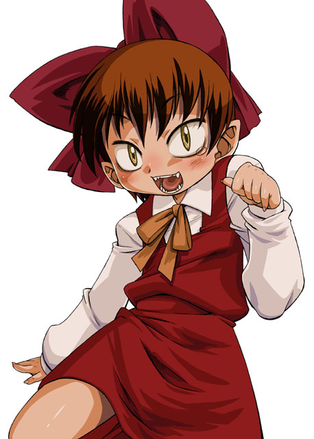 nekomusume, gegege no kitarou, toei company, bad id, bad pixiv id, bow, brown hair, dress, fang, fangs, hair bow, short hair, solo, tears, yellow eyes