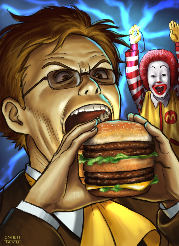matataku, muska, ronald mcdonald, mcdonald's, studio ghibli, tenkuu no shiro laputa, 2boys, afro, arms up, burger, crossover, dated, eating, food, formal clothes, glasses, gradient background, jewelry, male focus, megamac, multiple boys, necklace, ran ran ru, signature, suit, sunglasses, upper body