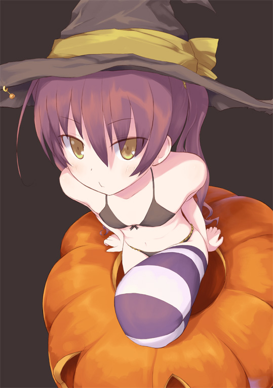 sakusaku, original, bikini, hat, jack-o'-lantern, pumpkin, solo, striped clothes, striped thighhighs, swimsuit, thighhighs, witch hat
