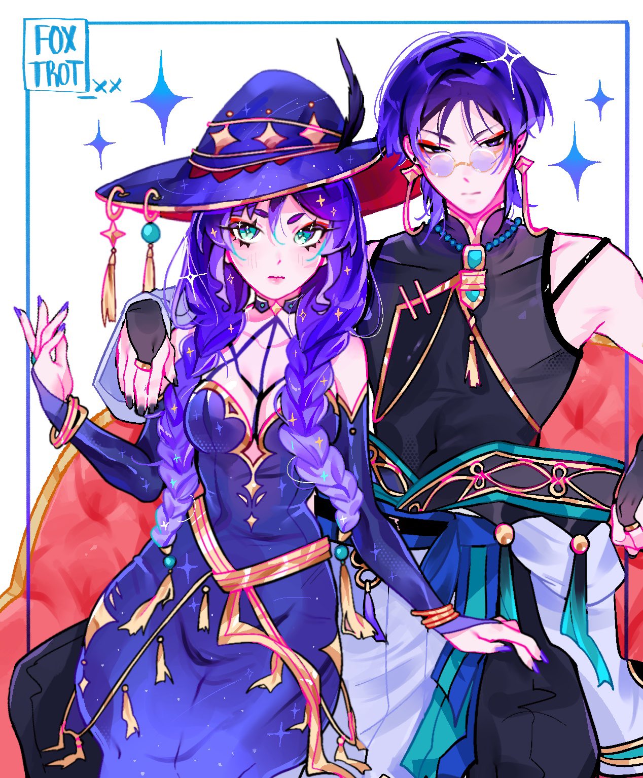 foxtrot (foxtrot xx), mona (genshin impact), scaramouche (genshin impact), wanderer (genshin impact), genshin impact, highres, 1boy, 1girl, alternate body size, alternate costume, alternate hairstyle, aqua eyes, aqua trim, arm around shoulder, arm at side, artist name, bead necklace, beads, bespectacled, black bridal gauntlets, black choker, black feathers, black nails, black pants, black shirt, blue border, blunt ends, body markings, border, bracelet, braid, breasts, bridal gauntlets, chinese clothes, choker, closed mouth, clothes down, couch, covered collarbone, covered navel, detached sleeves, dress, earrings, eyelashes, eyeliner, eyeshadow, feathers, glasses, gold, gold ring, gold trim, hair ornament, hair over shoulder, hand on another's thigh, hand up, hat, hat feather, hat ornament, hat ring, hat tassel, hetero, hoyofair, jewelry, light blush, long hair, looking at viewer, makeup, mandarin collar, medium breasts, middle ring, necklace, on couch, open hand, pants, pelvic curtain, pink lips, ponytail holder, purple-tinted eyewear, purple dress, purple hat, purple nails, purple sleeves, red eyeliner, red eyeshadow, red hat, robe, round eyewear, shirt, sitting, sitting on lap, sitting on person, skin tight, spaghetti strap, star (symbol), star choker, star hat ornament, star print, strapless, strapless dress, tassel, tassel hair ornament, tassel necklace, tinted eyewear, toned, toned male, tsurime, twin braids, two-sided fabric, two-sided headwear, wanderer (parallels meet) (genshin impact), white robe, wispy bangs, witch hat, yellow-framed eyewear