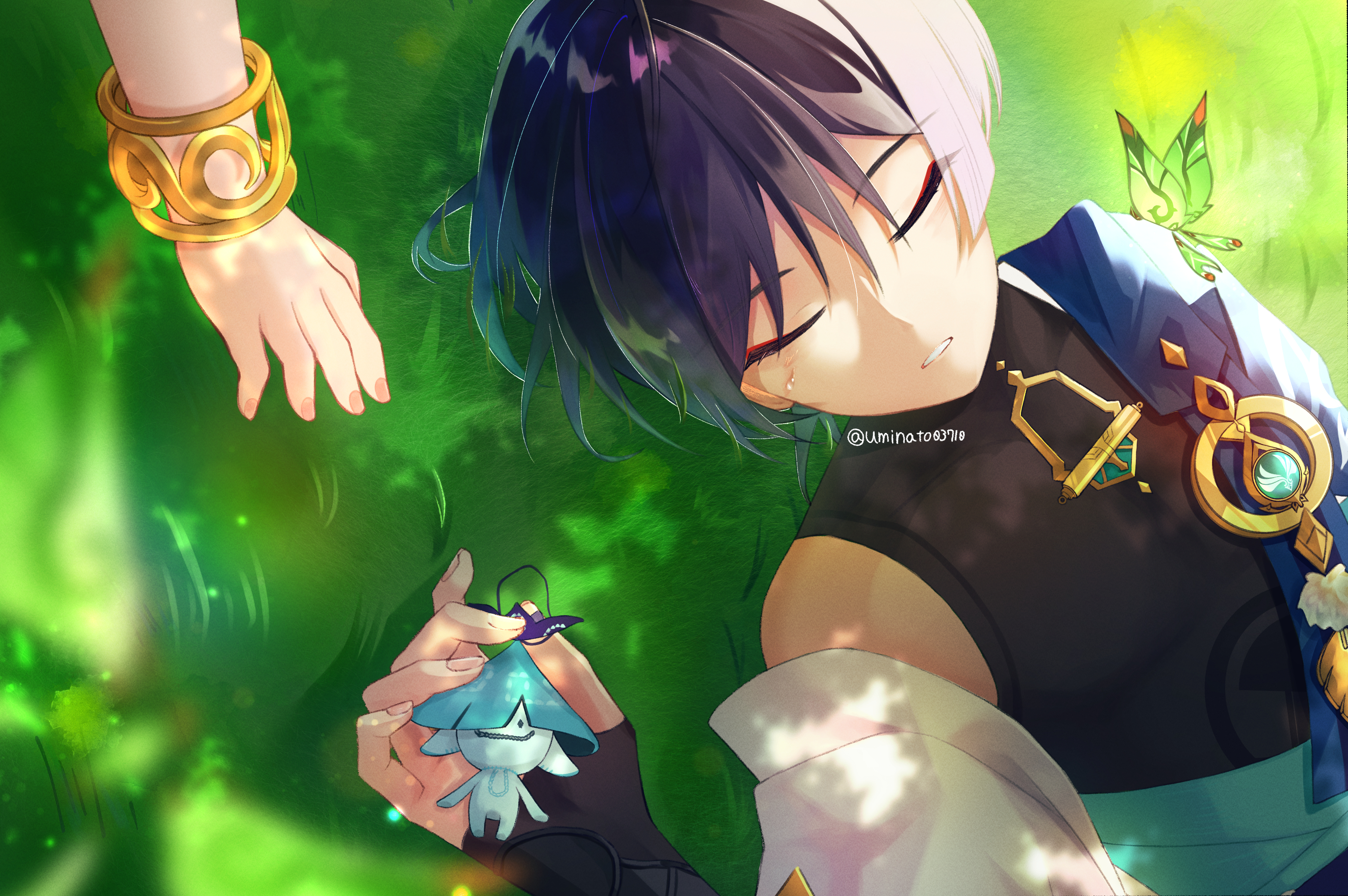 uminato, aranara (genshin impact), ararycan (genshin impact), crystalfly (genshin impact), nahida (genshin impact), scaramouche (genshin impact), wanderer (genshin impact), genshin impact, absurdres, highres, 1boy, anemo symbol (genshin impact), aqua gemstone, aqua hair, aqua kimono, armor, black bodysuit, black bridal gauntlets, black hair, blue cape, blunt ends, bodysuit, bracelet, bridal gauntlets, cape, closed eyes, colored tips, covered collarbone, curled fingers, doll, eyeliner, eyeshadow, facing viewer, feathers, fingernails, gem, gold, hand on ground, holding, holding doll, japanese armor, japanese clothes, jewelry, juban, kimono, kote, kurokote, lying, makeup, multicolored hair, on back, on grass, open clothes, open kimono, pom pom (clothes), purple hair, red eyeliner, red eyeshadow, single off shoulder, streaked hair, teardrop, twitter username, unconscious, vision (genshin impact), white kimono, white sleeves, wispy bangs, yellow feathers