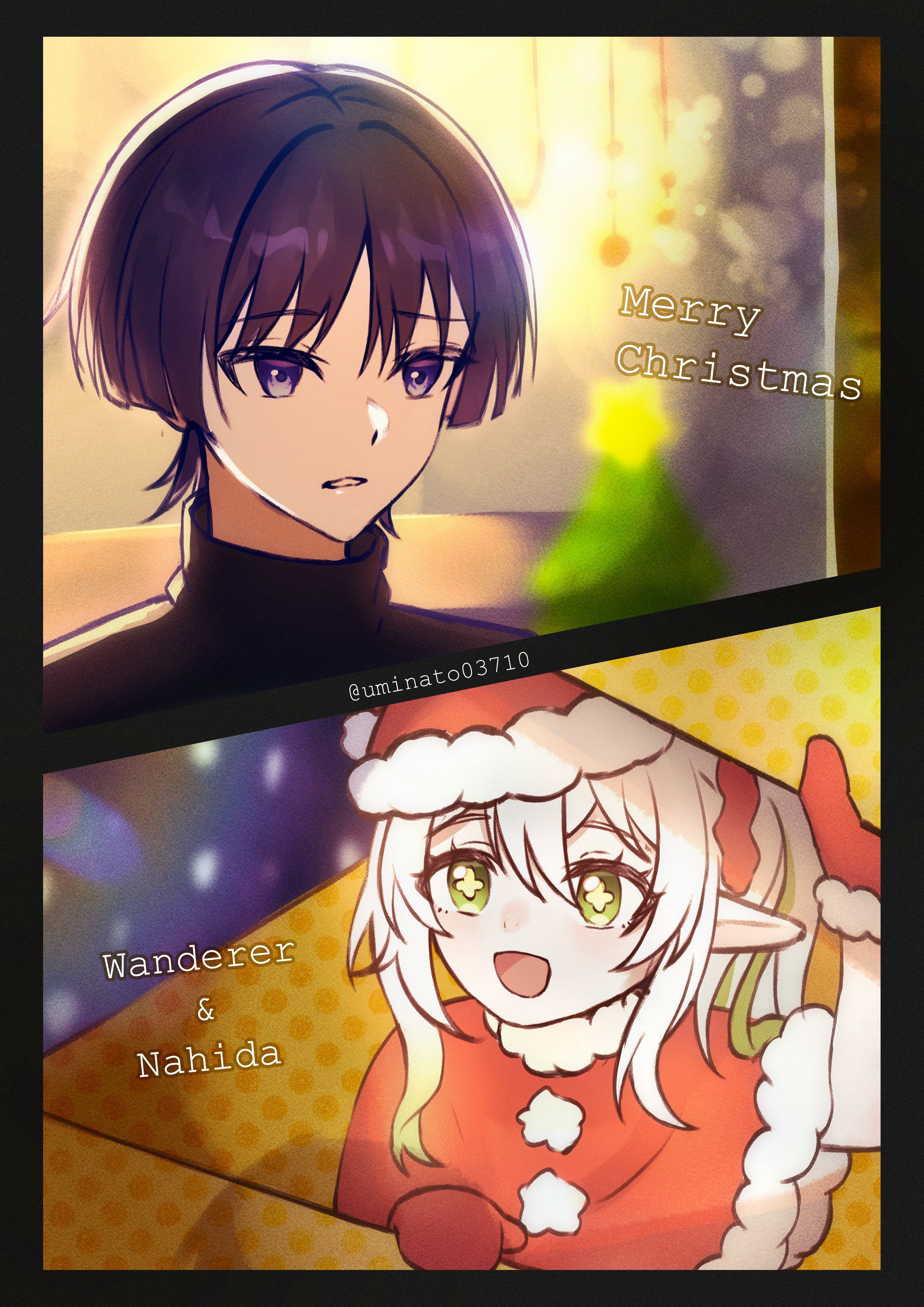 uminato, nahida (genshin impact), scaramouche (genshin impact), wanderer (genshin impact), genshin impact, absurdres, highres, 1boy, 1girl, alternate costume, black hair, black shirt, blunt ends, box, capelet, casual, character name, christmas tree, contemporary, cross-shaped pupils, fur-trimmed headwear, fur-trimmed mittens, fur collar, fur trim, gift, gift box, green eyes, green hair, hand up, hat, in box, in container, indoors, long hair, looking to the side, merry christmas, mittens, multicolored hair, open mouth, parted bangs, parted lips, purple eyes, red capelet, red hat, santa costume, santa hat, shirt, sidelocks, snowing, streaked hair, symbol-shaped pupils, tsurime, turtleneck, turtleneck shirt, twitter username, two side up, white hair, wispy bangs, yellow pupils