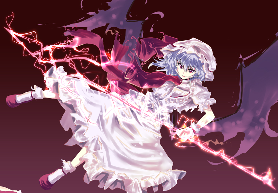 asagi (kabocha oukoku), remilia scarlet, touhou, 1girl, blue hair, female focus, gloves, gungnir (weapon), hat, red eyes, short hair, smirk, solo, spear the gungnir, wings
