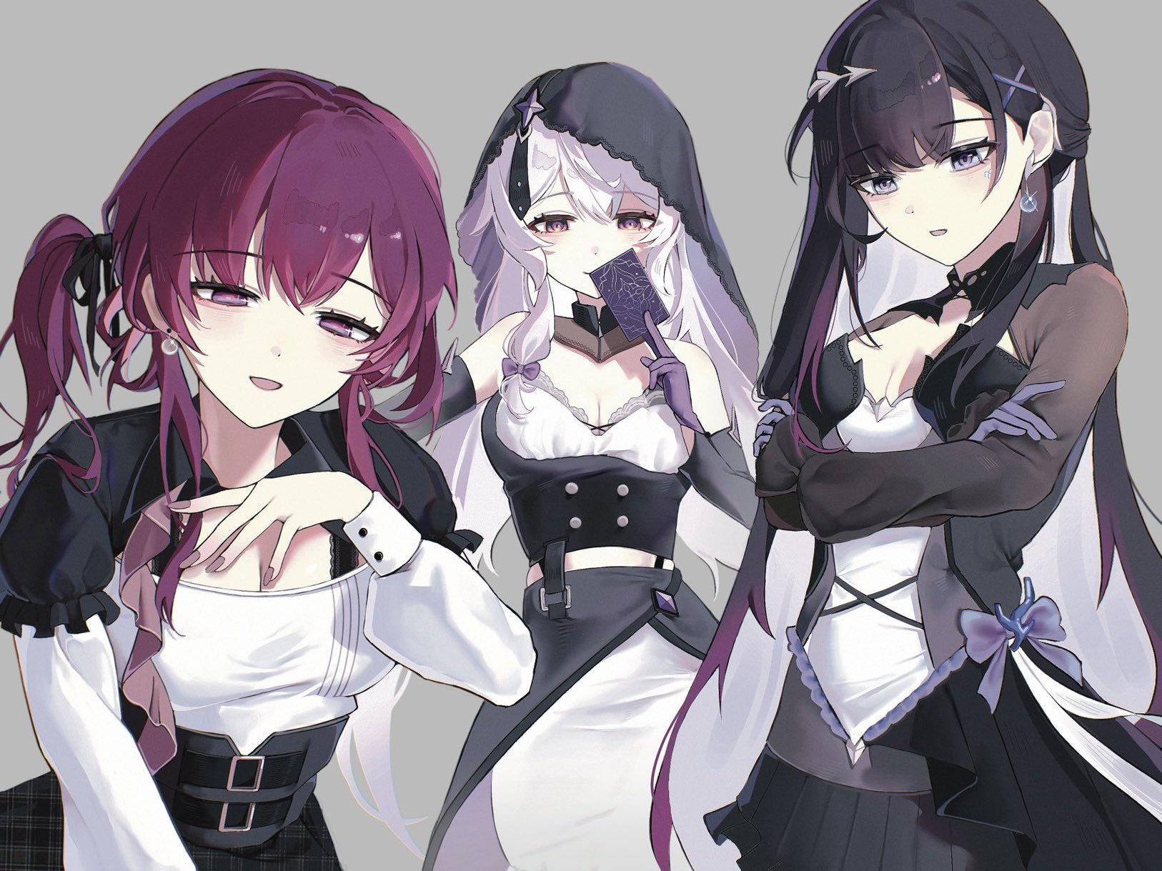 black swan (honkai: star rail), hysilens (honkai: star rail), kafka (honkai: star rail), honkai: star rail, honkai (series), highres, 3girls, alternate costume, bare shoulders, bow, breasts, buckle, card, cleavage, dress, earrings, gloves, hair between eyes, hair ornament, jewelry, long hair, looking at viewer, multiple girls, ponytail, puffy sleeves, purple gloves, purple nails, simple background, single earring, u u5ek5, veil, very long hair, x hair ornament