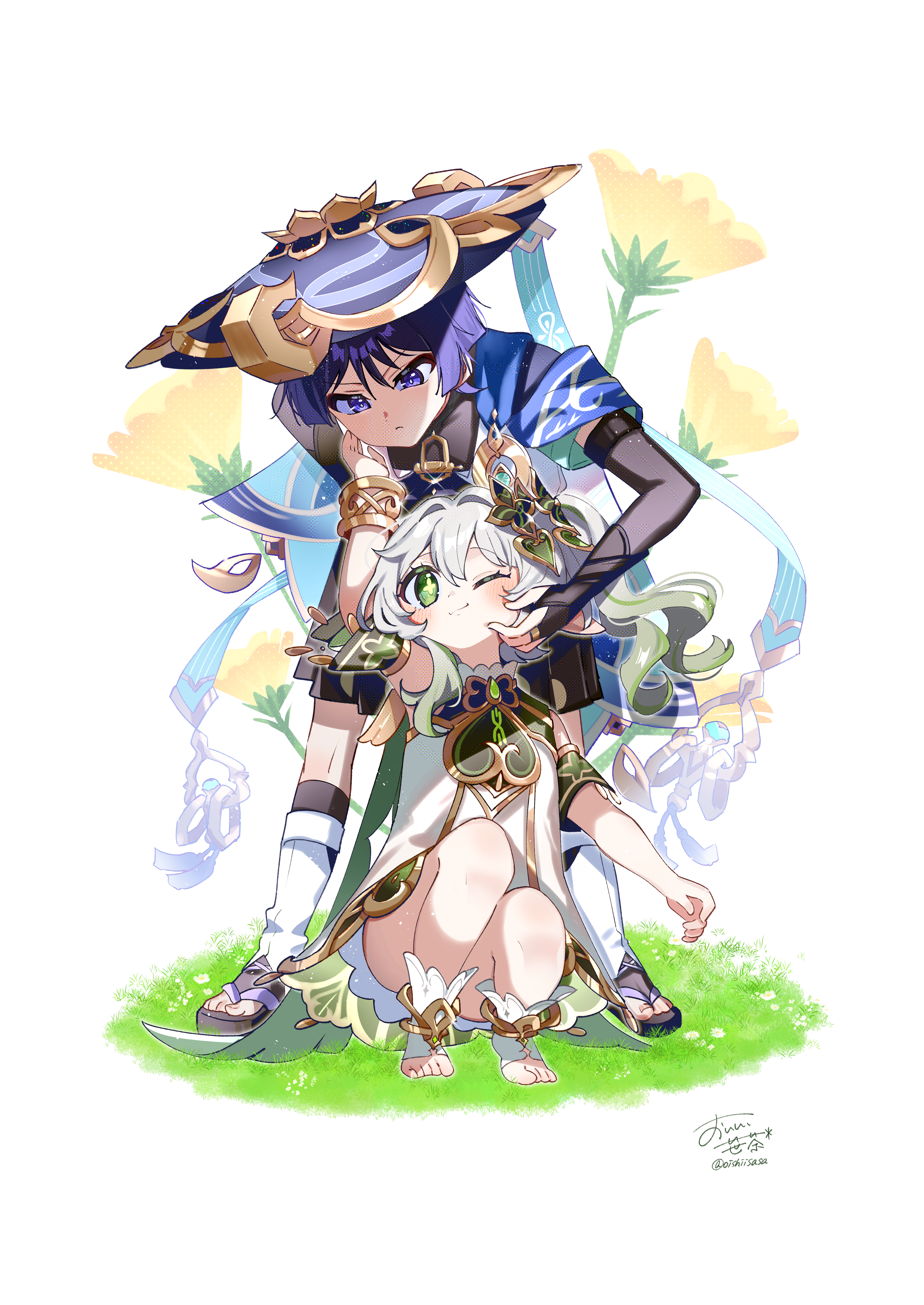 oishii sasa, nahida (genshin impact), scaramouche (genshin impact), wanderer (genshin impact), genshin impact, toeless socks, absurdres, highres, 1boy, 1girl, anemo symbol (genshin impact), aqua gemstone, aqua sleeves, arm at side, arm up, armlet, bent over, black bodysuit, black sand, bloomers, blue cape, blunt ends, blush, bodysuit, bracelet, bright pupils, cape, cheek pinching, closed mouth, colored eyelashes, cross-shaped pupils, deep skin, detached sleeves, diorama, double-parted bangs, dress, flower, frown, full body, furisode, gem, glint, gold, gold trim, grass, green cape, green eyes, green hair, green sleeves, hair between eyes, hair intakes, hair ornament, hakama, hakama shorts, hand on another's cheek, hand on another's face, hand on own hip, hat, heart, heart hair ornament, hetero, japanese clothes, jewelry, jingasa, kimono, leg warmers, long hair, looking at another, looking at viewer, multicolored hair, one eye closed, open hand, pinching, pleated shorts, pointy ears, purple eyes, purple hair, purple hat, sandals, short sleeves, shorts, side ponytail, sidelocks, signature, smile, socks, squatting, streaked hair, symbol-shaped pupils, tareme, tassel, toeless legwear, toenails, toes, tsurime, twitter username, underwear, vision (genshin impact), white bloomers, white dress, white hair, white kimono, white leg warmers, white pupils, white socks, white trim, wispy bangs, yellow flower, yellow pupils, zouri