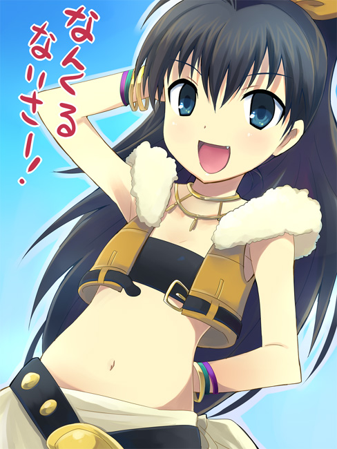 otoutogimi, 961 production, ganaha hibiki, idolmaster, idolmaster (classic), idolmaster 1, bad id, bad pixiv id, translated, 00s, 1girl, bandeau, belt, black hair, blue eyes, bracelet, fang, female focus, flat chest, jewelry, long hair, midriff, ponytail, smile, solo, strapless, stretching, tube top, vest