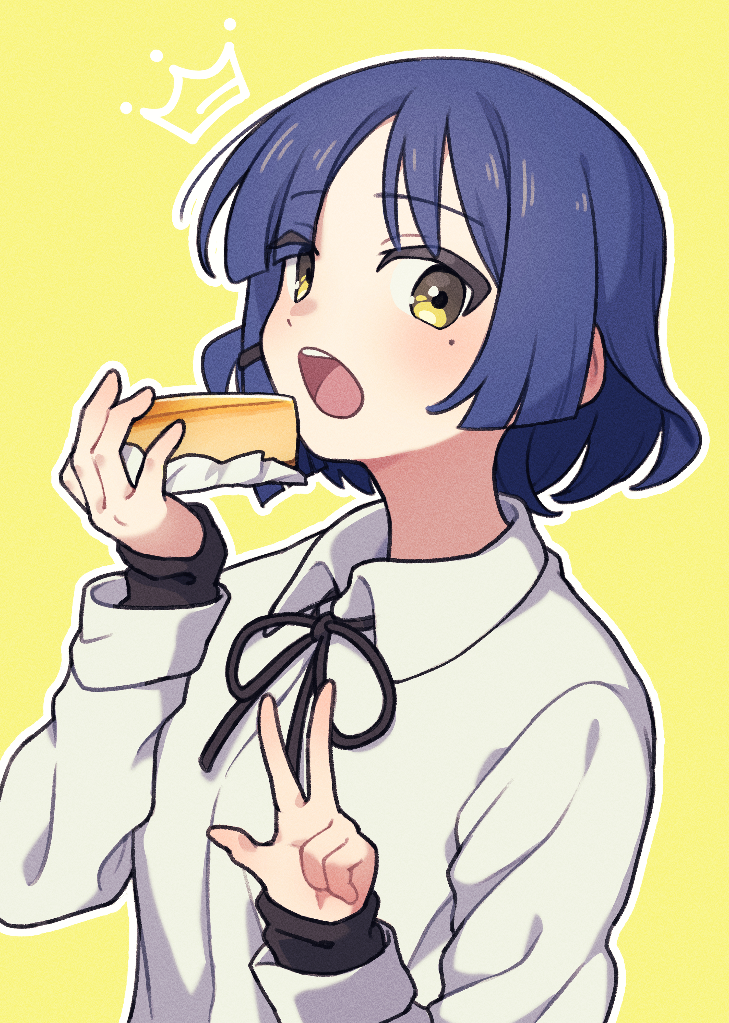 nokino (nokinokin0), yamada ryo, bocchi the rock!, absurdres, commentary, highres, 1girl, blue hair, cake, cake slice, collared shirt, eating, food, hair ornament, hairclip, holding, holding food, layered sleeves, long sleeves, looking at viewer, mole, mole under eye, neck ribbon, open mouth, outline, ribbon, shirt, short hair, solo, upper body, w, white outline, yellow background, yellow eyes