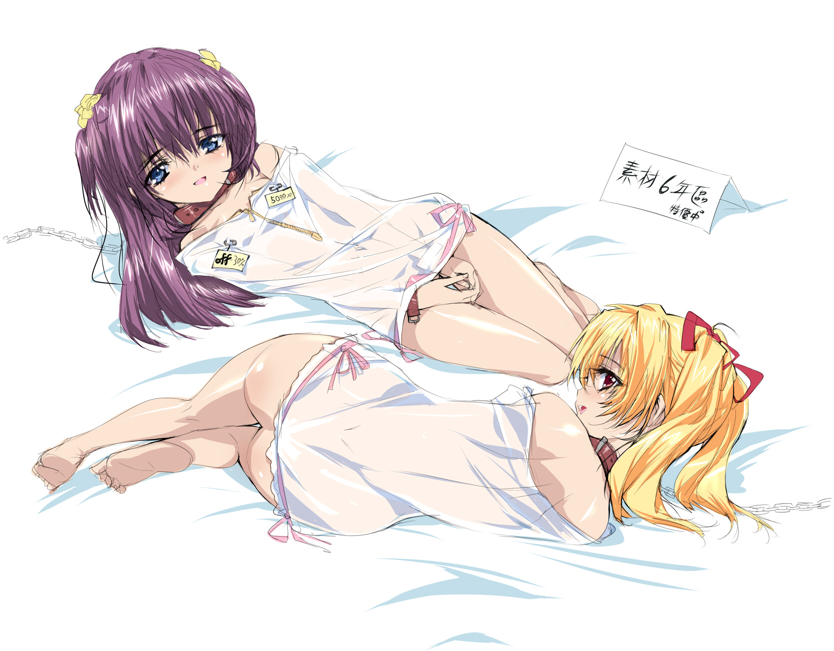 q azieru, highres, translation request, 2girls, barefoot, bdsm, blonde hair, blue eyes, bondage, bottomless, bound, chain, chain leash, collar, cuffs, feet, flat chest, for sale, id tag, leash, loli, long hair, looking at viewer, looking back, lying, multiple girls, nipple piercing, nipple tag, nipples, no bra, no panties, on side, piercing, price tag, purple hair, red eyes, ribbon, safety pin, see-through clothes, simple background, sketch, slave, twintails, white background