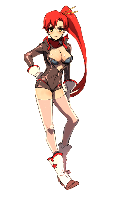 yoko littner, tengen toppa gurren lagann, 00s, 1girl, boots, bra, breasts, cleavage, female focus, gloves, large breasts, lingerie, long hair, ponytail, red hair, solo, thighhighs, underwear, yellow eyes