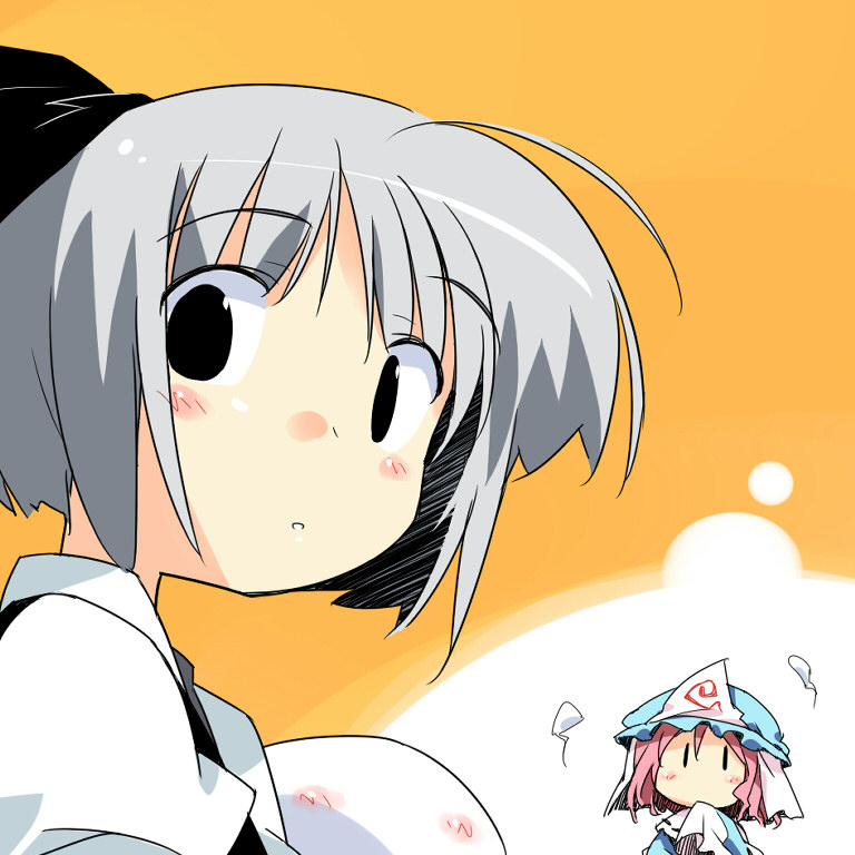 asoka, konpaku youmu, konpaku youmu (ghost), saigyouji yuyuko, touhou, silver hair, 2girls, black eyes, blush, chibi, female focus, hat, hitodama, looking back, multiple girls, pink hair, short hair