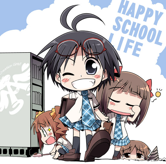 serebi ryousangata, sforce, amami haruka, hagiwara yukiho, kikuchi makoto, takatsuki yayoi, idolmaster, idolmaster (classic), bad id, bad pixiv id, 00s, 4girls, antenna hair, black hair, bow, brick, brown hair, buried, chibi, closed eyes, cloud, drill, glasses, hair bow, mouse (animal), multiple girls, necktie, one eye closed, plaid clothes, plaid skirt, poverty, reaching, rough time school, short hair, skirt, sky, sleepy, smile, tears, twintails, vending machine, wink