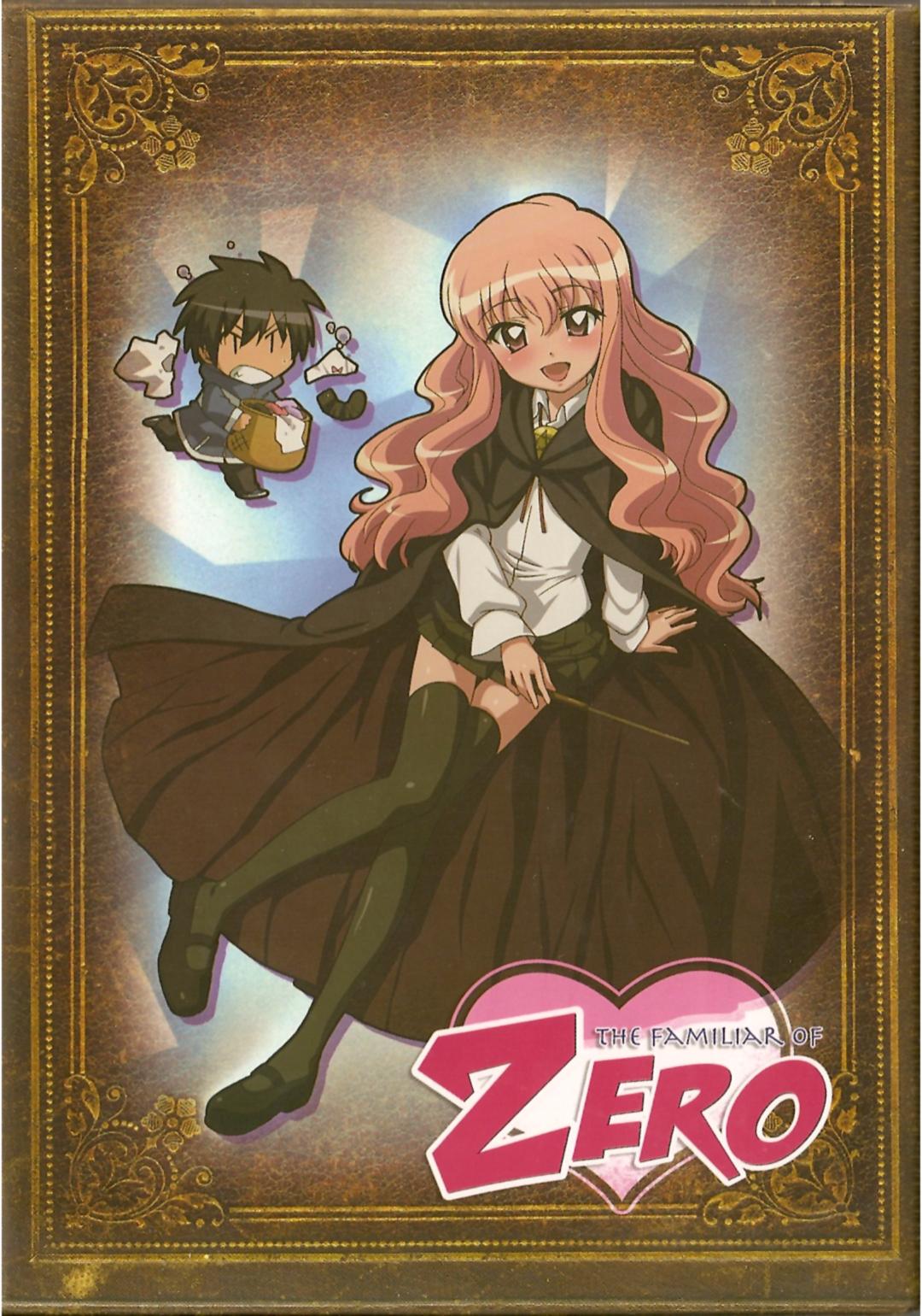 hiraga saito, louise francoise le blanc de la valliere, zero no tsukaima, artist request, highres, 00s, 1boy, 1girl, :d, black skirt, black thighhighs, blush, cape, chibi, copyright name, full body, holding, knees together feet apart, laundry, laundry basket, long hair, long sleeves, looking at viewer, mary janes, open mouth, panties, pentacle, pink eyes, pink hair, pleated skirt, shoes, skirt, smile, thighhighs, underwear, wand, zettai ryouiki