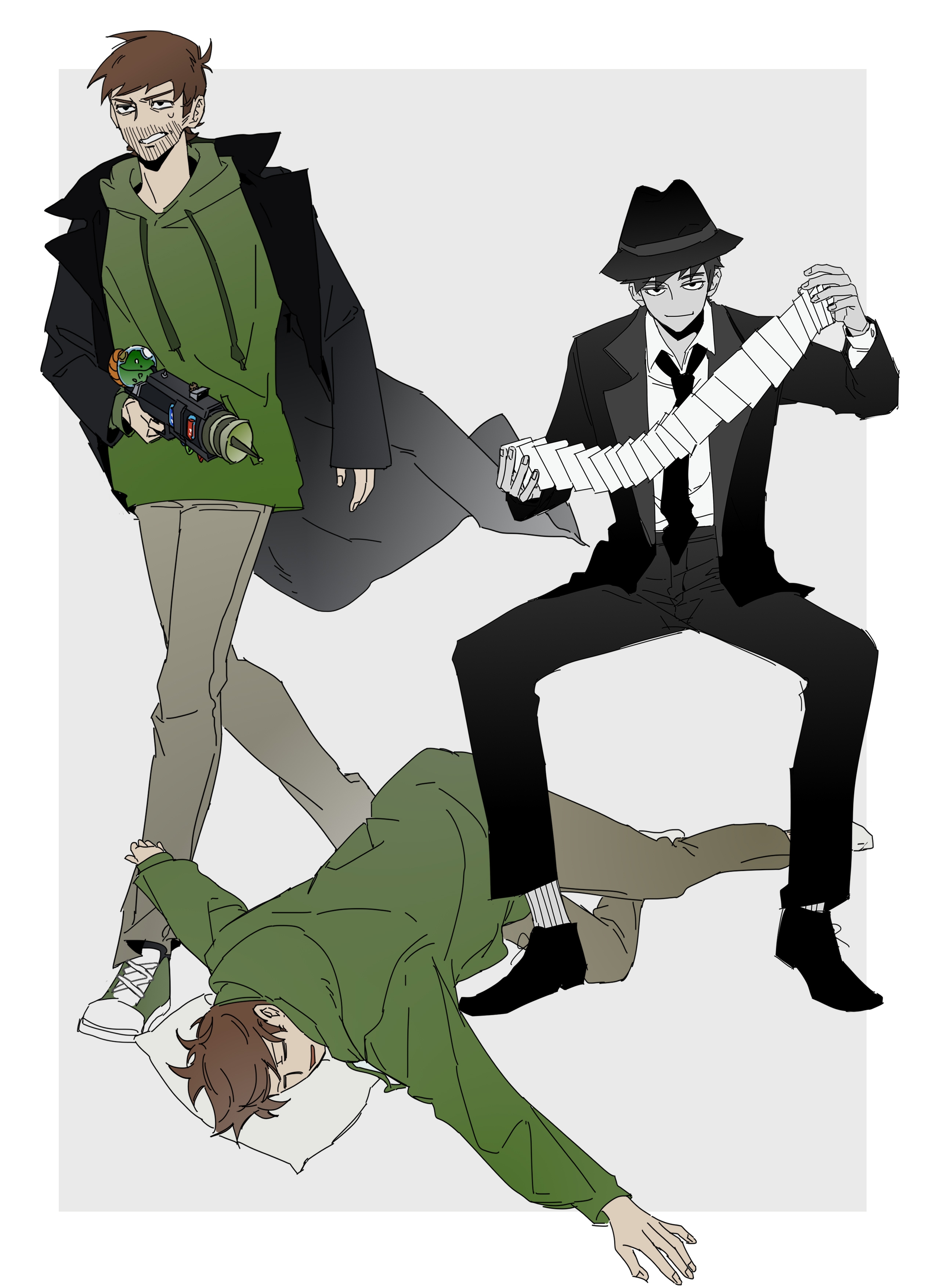 edd (eddsworld), eddsworld, absurdres, chinese commentary, commentary request, highres, 2boys, antenna hair, beard, black coat, black eyes, black hat, black jacket, black necktie, black pants, black shoes, border, brown hair, brown pants, card, clenched teeth, closed eyes, closed mouth, coat, collared coat, collared shirt, drawstring, dual persona, energy gun, facial hair, fedora, full body, future edd (eddsworld), green hoodie, hair behind ear, hat, head on pillow, holding, holding card, holding ray gun, hood, hood down, hoodie, invisible chair, jacket, knees together feet apart, lapels, layered sleeves, long sleeves, lying, male focus, multiple boys, multiple views, necktie, no shoes, notched lapels, official alternate costume, on side, open clothes, open coat, open jacket, open mouth, outside border, outstretched arms, pants, pillow, playing card, puffy long sleeves, puffy sleeves, ray gun, ribbed socks, shirt, shoes, short hair, sitting, smile, socks, standing, sweatdrop, swept bangs, teeth, u u, v-shaped eyebrows, very short hair, walking, weapon, white border, white shirt, white socks, xic94