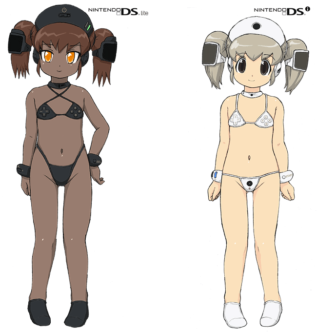 heika (heikahp), animated, animated gif, translation request, 2girls, bikini, blush, bracelet, choker, dark-skinned female, dark skin, flat chest, handheld game console, hat, jewelry, loli, multiple girls, nintendo ds, personification, swimsuit, twintails