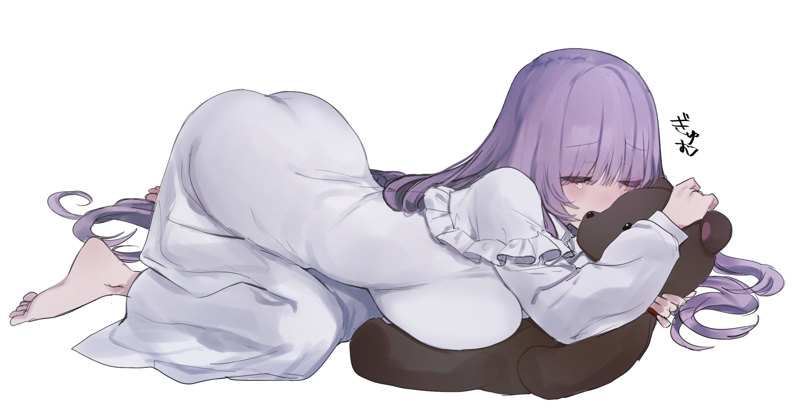 eurasia (wtp09ptw14), francoise (eurasia), original, commentary request, translation request, 1girl, ass, barefoot, breast press, breasts, closed eyes, dress, full body, hugging doll, hugging object, large breasts, long bangs, long dress, long hair, long sleeves, lying, purple hair, simple background, solo, stuffed animal, stuffed toy, tearing up, teddy bear, toes, white background, white dress