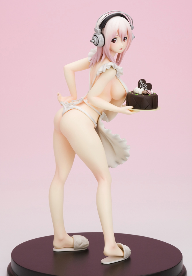 super sonico, nitroplus, apron, breasts, cake, feet, figure, food, headphones, legs, naked apron, nipple slip, nipples, sideboob, sweat