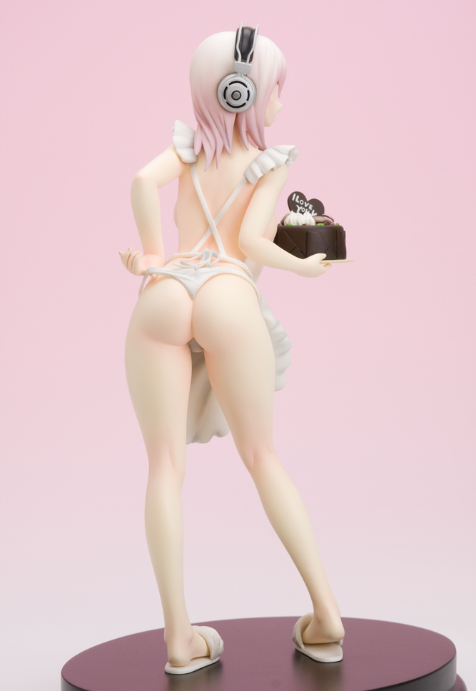 super sonico, nitroplus, apron, ass, breasts, cake, feet, figure, food, headphones, legs, naked apron, sideboob, sweat