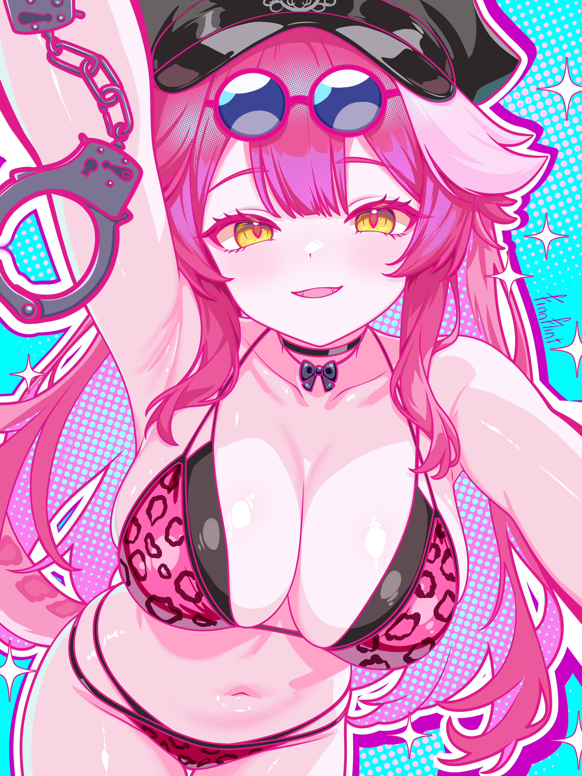 finn flint, raora panthera, raora panthera (holonatsu paradise), hololive, hololive english, absurdres, highres, 1girl, animal print, bikini, black bikini, black choker, black hat, breasts, choker, cleavage, cuffs, double bikini, eyewear on head, halterneck, handcuffs, hat, large breasts, leopard print, leopard print bikini, long hair, looking at viewer, navel, official alternate costume, peaked cap, pink bikini, pink hair, print bikini, round eyewear, solo, string bikini, sunglasses, swimsuit, virtual youtuber, yellow eyes