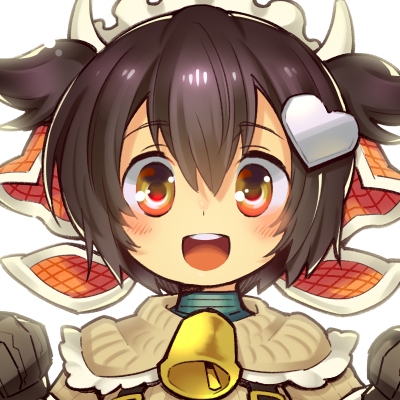 rakisuke, momo alma, emil chronicle online, lowres, 1girl, bandana, bell, brown hair, capelet, cow girl, cow horns, cowbell, hair ornament, heart, heart hair ornament, horns, maid headdress, open mouth, orange bandana, portrait, solo, two side up, white background, white capelet, yellow eyes