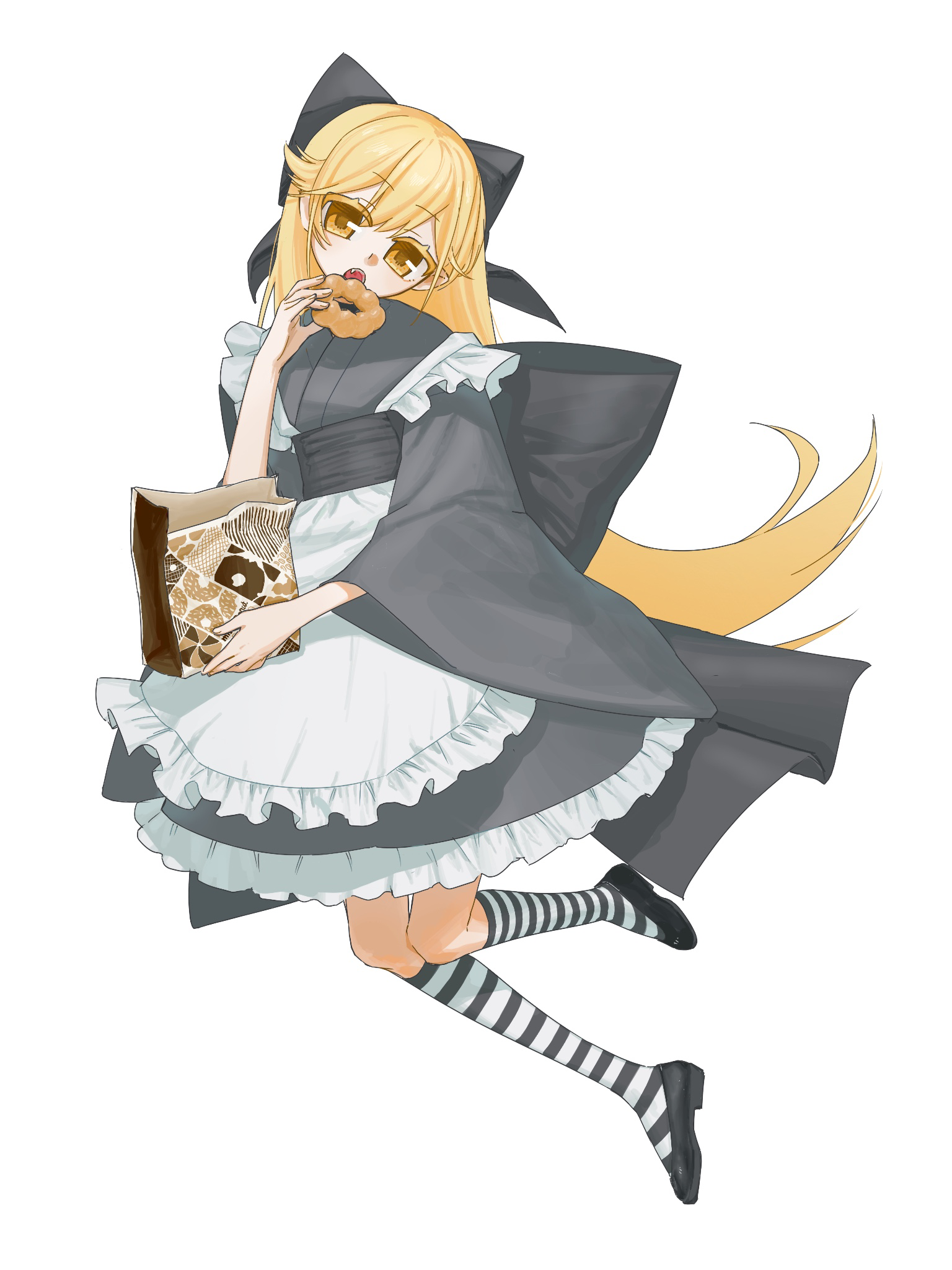oshino shinobu, monogatari (series), highres, 10 fu, 1girl, apron, blonde hair, donut, food, full body, japanese clothes, kimono, long hair, looking at viewer, maid, open mouth, solo, very long hair, wa maid, yellow eyes