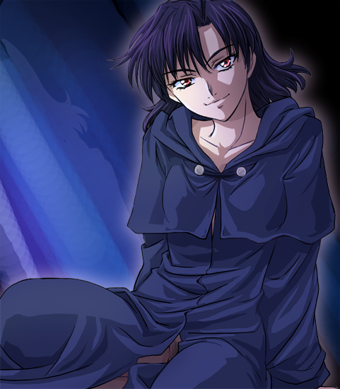 haruyama kazunori, azalie cait sith, majutsushi orphen, blue hair, female pubic hair, no panties, pubic hair, red eyes, sitting, solo