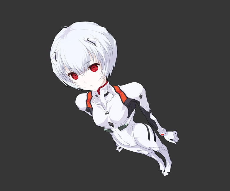 kazuoki, ayanami rei, neon genesis evangelion, blue hair, foreshortening, mecha pilot suit, plugsuit (evangelion), red eyes, short hair, solo