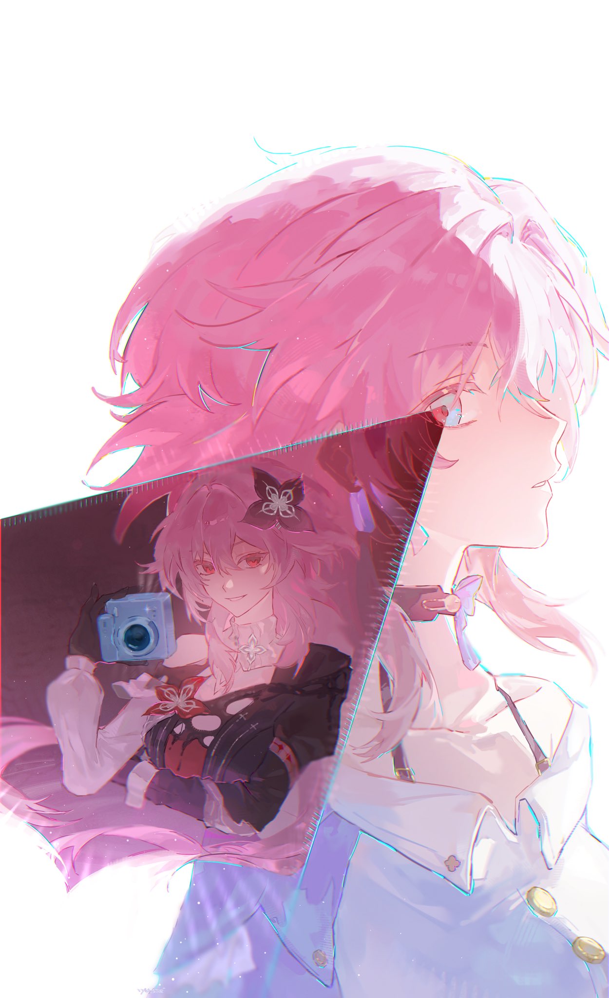 evernight (honkai: star rail), march 7th (honkai: star rail), march 7th (preservation) (honkai: star rail), honkai: star rail, honkai (series), highres, 2girls, asymmetrical sleeves, black choker, black gloves, buttons, camera, choker, dual persona, flower, from side, gloves, hair between eyes, hair flower, hair ornament, holding, holding camera, maowvi7, mismatched sleeves, multicolored eyes, multiple girls, pink hair, red eyes, shirt, single bare shoulder, smile, two-tone eyes, upper body, white shirt