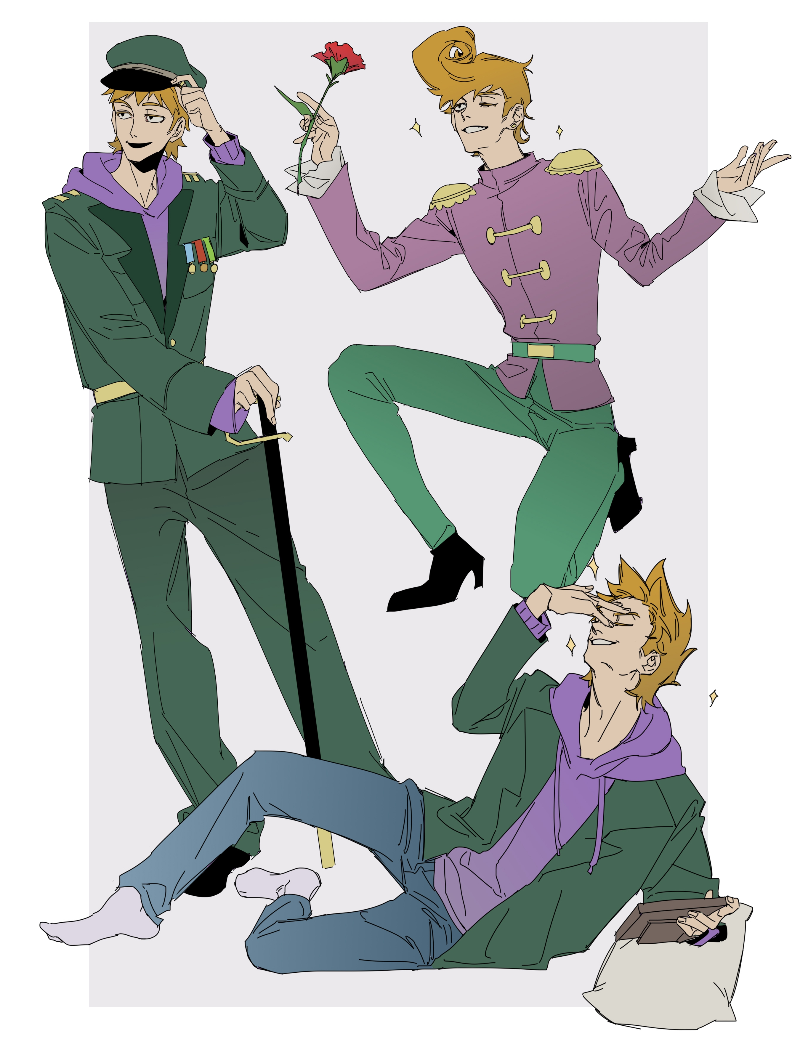 matt (eddsworld), eddsworld, absurdres, highres, 1boy, :d, ;d, adjusting clothes, adjusting headwear, ankle boots, arm up, belt, black boots, blonde hair, blue pants, boots, border, buttons, cane, closed eyes, denim, double-breasted, drawstring, flower, frilled sleeves, frills, full body, green belt, green hat, green jacket, green pants, grey background, hand on own forehead, hat, high heel boots, high heels, holding, holding cane, holding flower, holding picture frame, hood, hood down, hoodie, jacket, jacket over hoodie, jeans, knee up, lapels, layered sleeves, long sleeves, looking ahead, male focus, medal, multiple views, no shoes, official alternate costume, on one knee, one eye closed, open clothes, open jacket, open mouth, outside border, pants, peaked cap, picture frame, pillow, purple hoodie, purple jacket, red flower, red rose, rose, short hair, simple background, sitting, smile, socks, sparkle, standing, swept bangs, u u, very short hair, white border, white socks, xic94