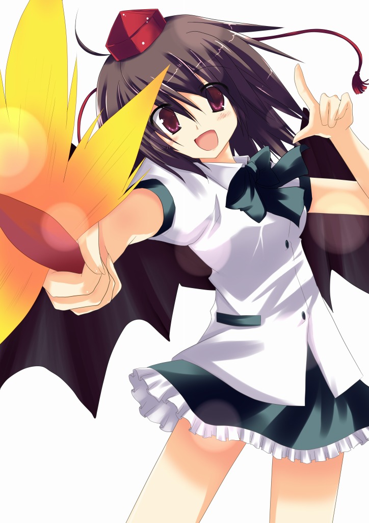 akane souichi, shameimaru aya, touhou, 1girl, :d, black bow, black bowtie, black hair, black skirt, blush, bow, bowtie, contrapposto, female focus, hand fan, hat, leaf, looking at viewer, miniskirt, open mouth, red eyes, short hair, skirt, smile, solo, standing, tokin hat