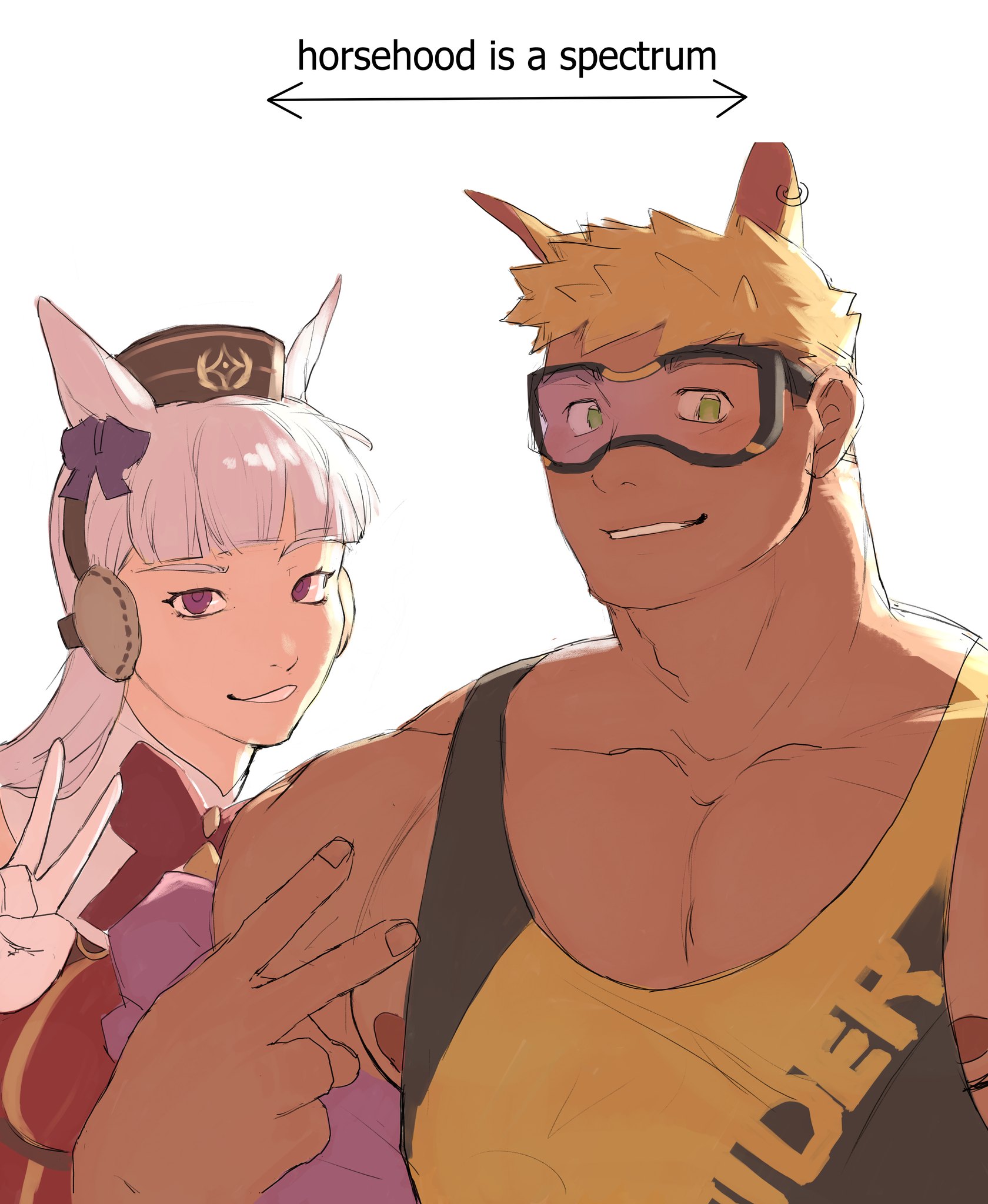 gold ship (umamusume), umamusume, commentary, commentary request, english commentary, highres, 1boy, 1girl, animal ears, arrow (symbol), bara, blonde hair, bow, ca phe trung, earmuffs, earrings, goggles, golden ryder (xxl), hair bow, horse boy, horse ears, horse girl, jewelry, looking at viewer, muscular, muscular male, nipples, pectorals, shirt, single earring, sleeveless, sleeveless shirt, smile, tank top, upper body, v, white background, white hair, xxl woofia