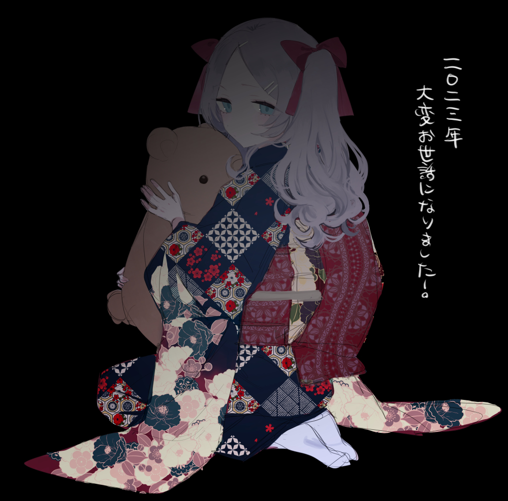 eurasia (wtp09ptw14), francoise (eurasia), original, commentary request, translation request, 1girl, black background, blue eyes, blue kimono, bow, closed mouth, dot mouth, full body, hair bow, hair ornament, hairclip, holding, holding stuffed toy, japanese clothes, kimono, long hair, long sleeves, looking at viewer, looking back, multicolored kimono, parallel hairclips, parted bangs, print kimono, purple hair, red bow, seiza, simple background, sitting, sketch, solo, stuffed animal, stuffed toy, teddy bear