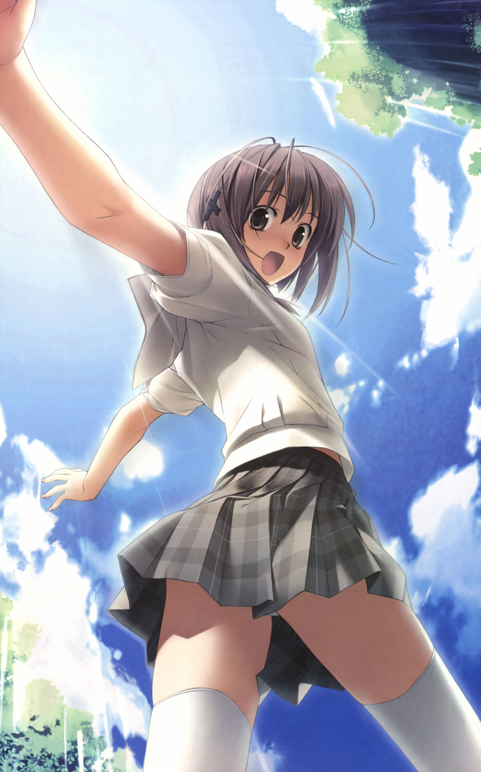 hashimoto takashi, amatsume akira, yosuga no sora, absurdres, highres, 1girl, blush, brown eyes, brown hair, cloud, day, female focus, from below, panties, pantyshot, plaid clothes, plaid skirt, pleated skirt, school uniform, shirt, short hair, skirt, sky, solo, standing, thighhighs, underwear, upskirt, white shirt, white thighhighs