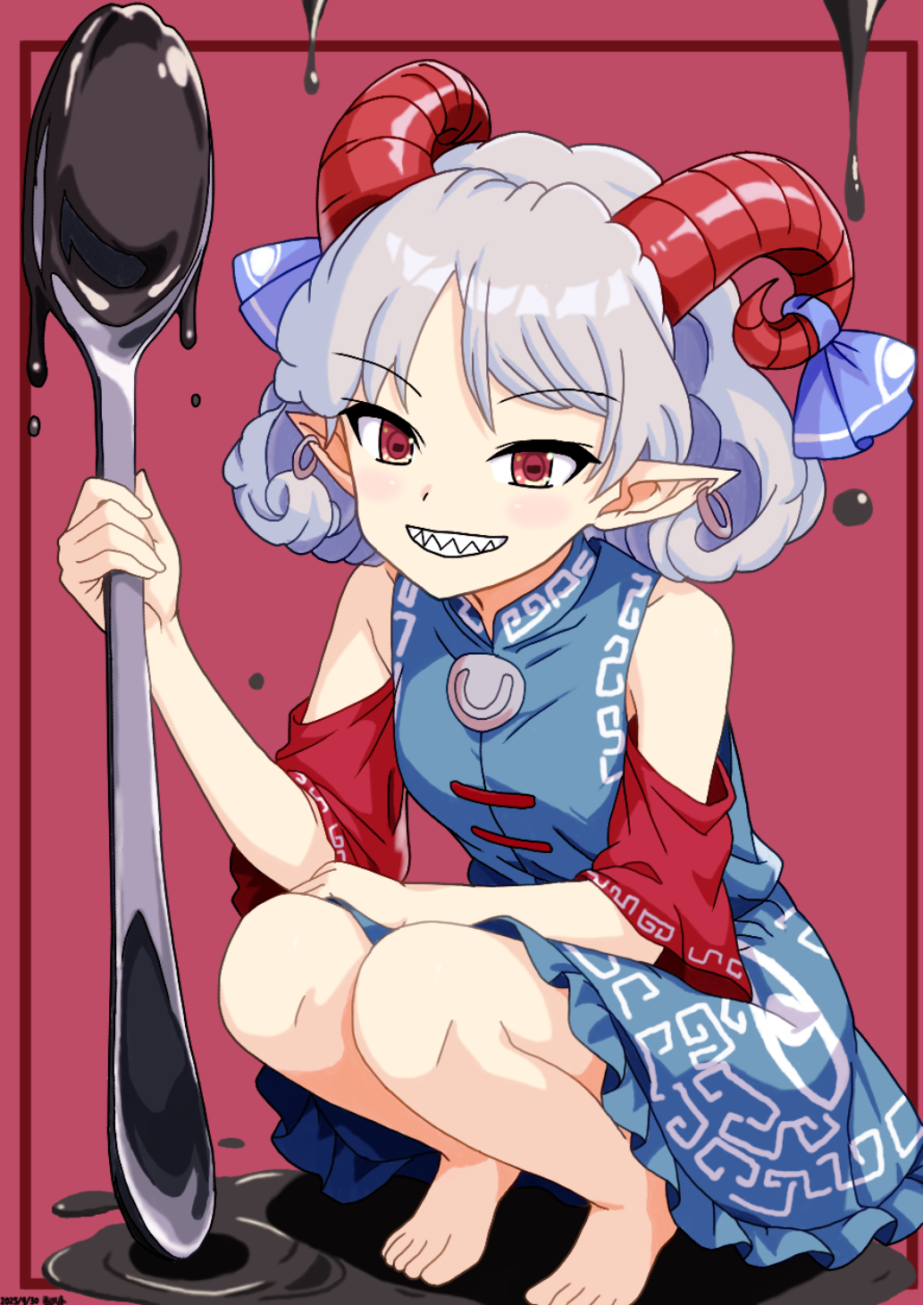 mist9801km, toutetsu yuuma, touhou, commentary request, highres, 1girl, barefoot, blue dress, curly hair, detached sleeves, dress, earrings, eye print, holding, holding spoon, hoop earrings, horizontal pupils, horn ornament, horn ribbon, horns, jewelry, meandros, oversized object, petroleum, pointy ears, red background, red eyes, red horns, red sleeves, ribbon, sharp teeth, sheep horns, solo, spoon, squatting, teeth, toes