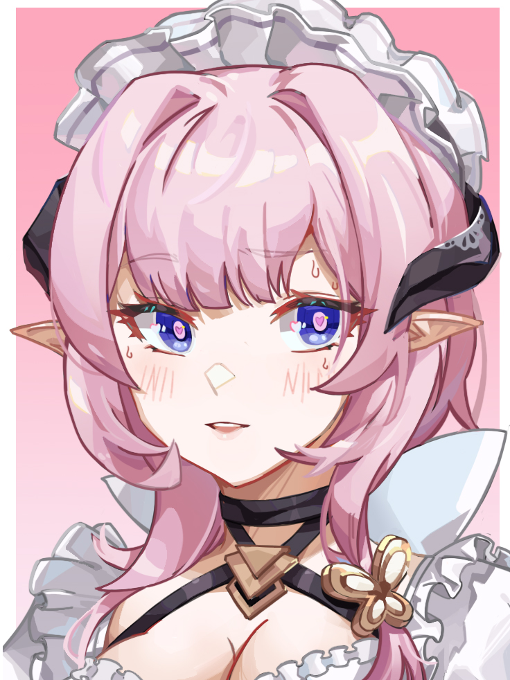 linda man, elysia (honkai impact), elysia (miss pink) (honkai impact), elysia (miss pink elf) (honkai impact), honkai (series), honkai impact 3rd, commentary request, 1girl, blue eyes, border, breasts, bug, butterfly, cleavage, elf, fake horns, horns, insect, large breasts, long hair, maid, maid headdress, official alternate costume, parted lips, pink background, pink hair, pointy ears, solo, upper body, very long hair, white border