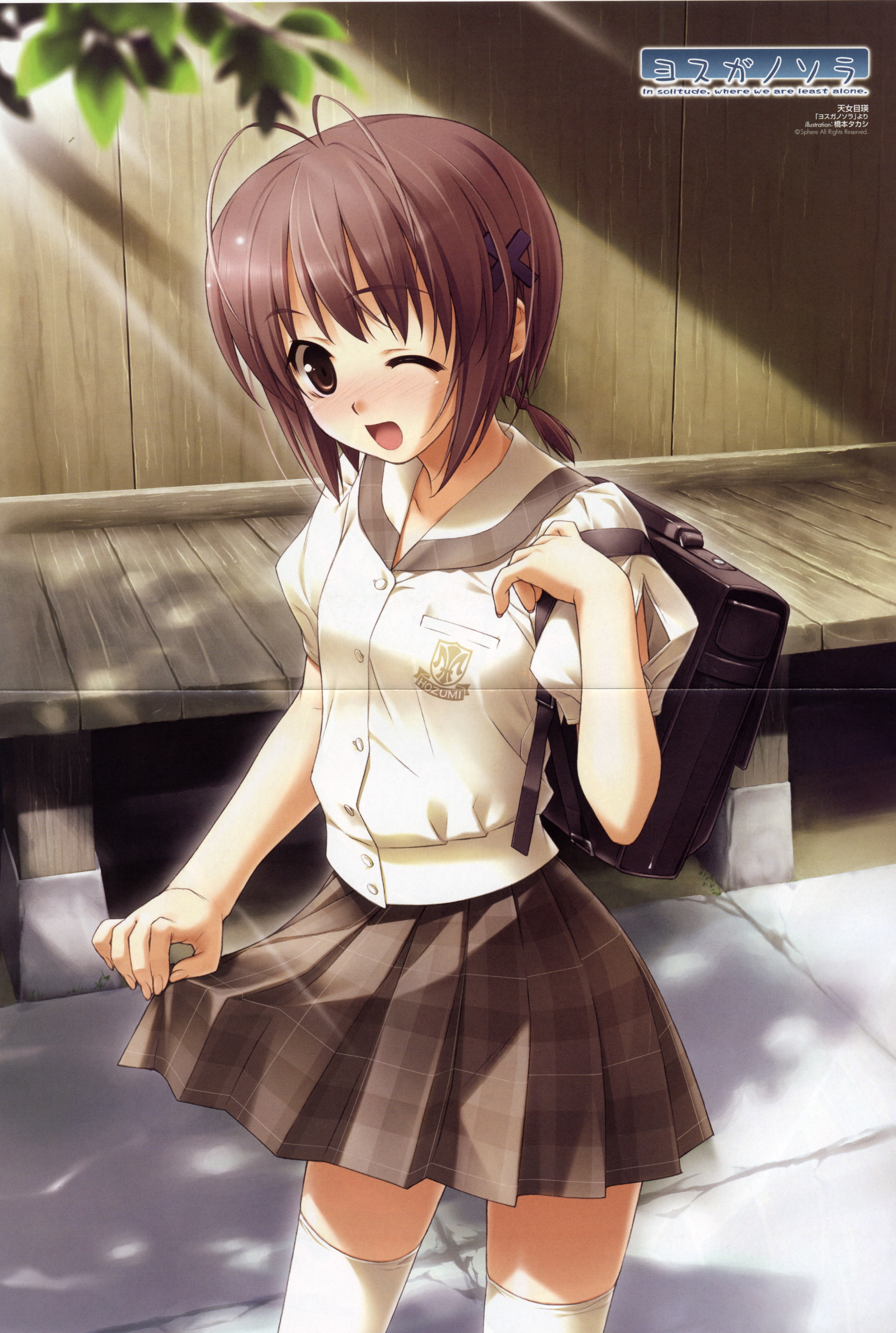 hashimoto takashi, amatsume akira, yosuga no sora, absurdres, highres, 1girl, antenna hair, blush, brown eyes, brown hair, clothes lift, female focus, one eye closed, open mouth, plaid clothes, plaid skirt, pleated skirt, school uniform, short hair, skirt, skirt lift, socks, solo, thighhighs, white socks, white thighhighs, wink, zettai ryouiki