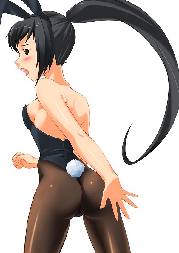 non-web source, animal ears, ass, black hair, brown eyes, fake animal ears, long hair, looking back, pantyhose, playboy bunny, ponytail, rabbit ears, solo