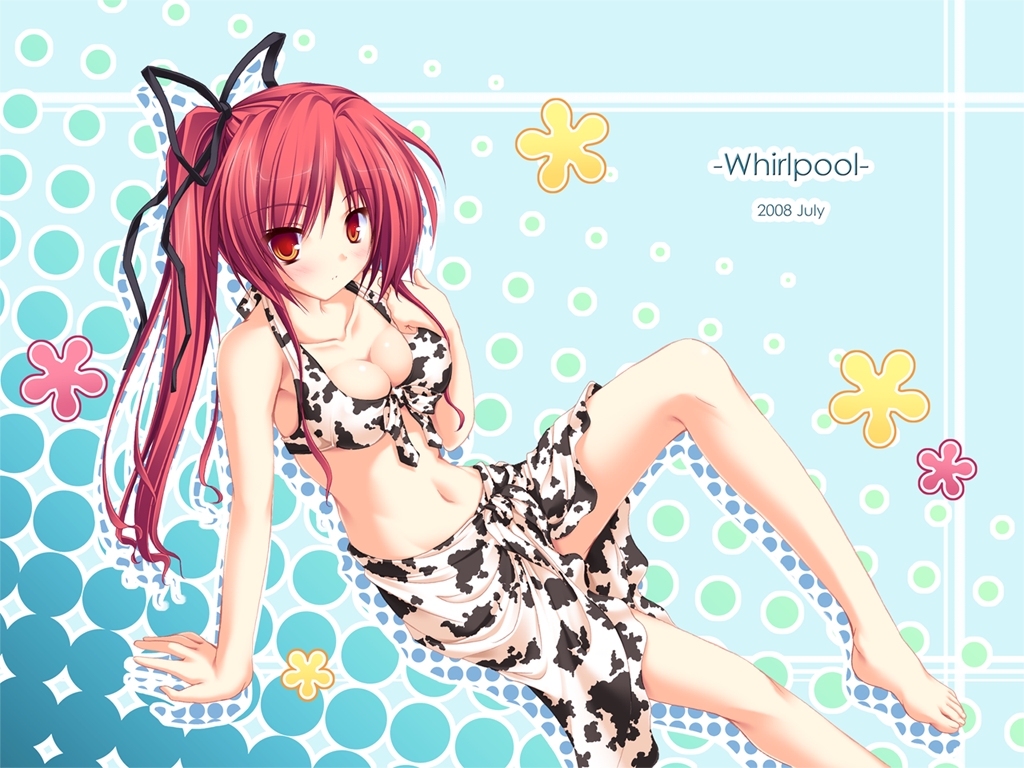 tenmaso, seera finis victoria, magus tale, non-web source, 1girl, animal print, arm support, barefoot, bikini, breasts, cleavage, cow print, female focus, large breasts, leaning back, long hair, orange eyes, ponytail, red hair, sarong, sitting, solo, swimsuit