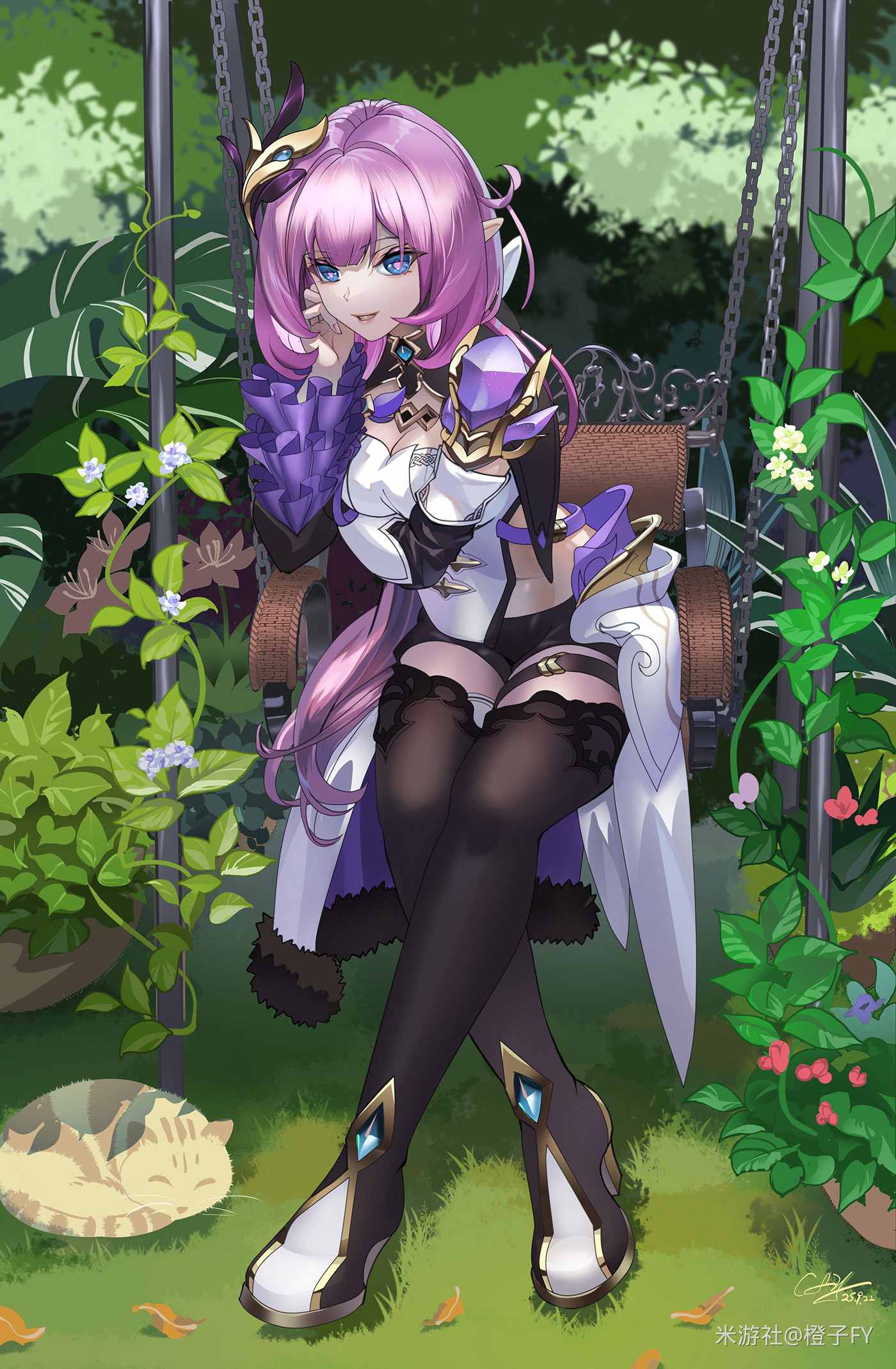 elysia (honkai impact), elysia (miss pink elf) (honkai impact), honkai (series), honkai impact 3rd, chinese commentary, commentary request, highres, 1girl, black boots, black shorts, blue eyes, boots, breasts, cat, chengzi fy, cleavage, corset, elf, grass, large breasts, long hair, miyoushe watermark, on swing, outdoors, pink hair, pointy ears, short shorts, shorts, shrug (clothing), smile, solo, swing, thighs, very long hair, watermark, white corset