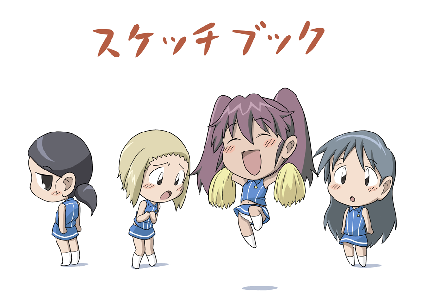 mirakichi, asou natsumi, kajiwara sora, kuga kokage, torikai hazuki, sketchbook full colors, 00s, black hair, blonde hair, blue hair, cheerleader, chibi, closed eyes, jumping, long hair, panties, pantyshot, ponytail, purple hair, short hair, smile, twintails, underwear
